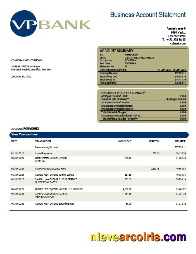 VP Bank firm account statement